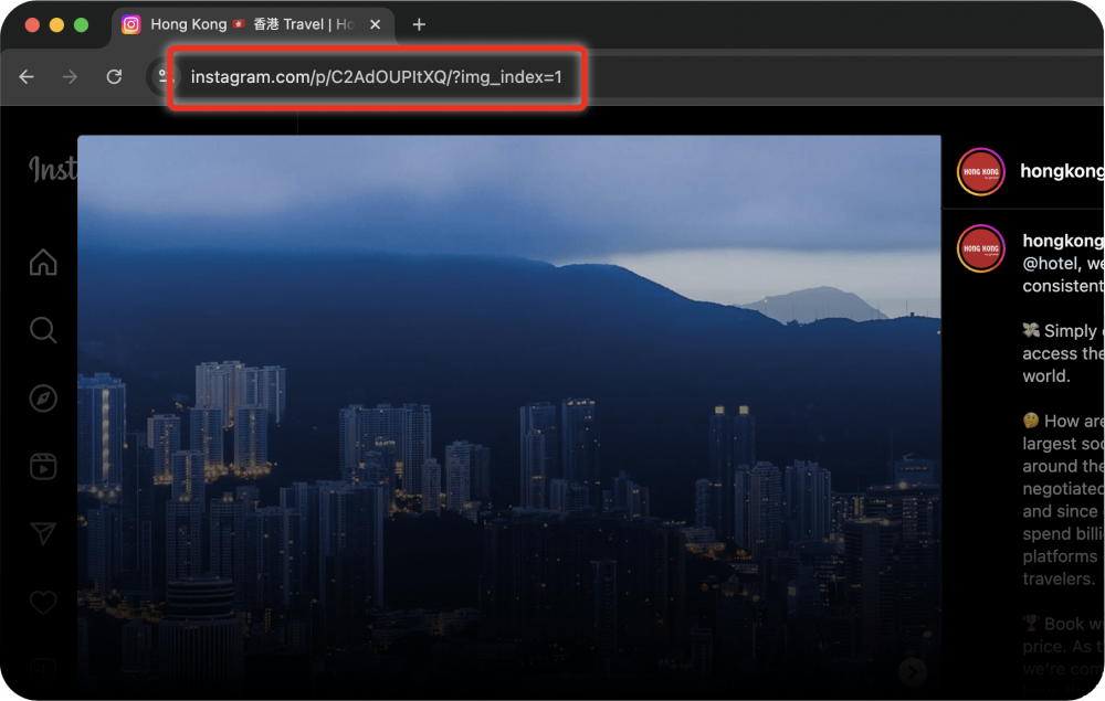 Desktop view of an Instagram post with the post URL highlighted in the browser’s address bar.